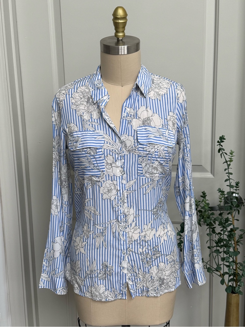 Express Light Blue and White Striped Floral Button-Down Shirt